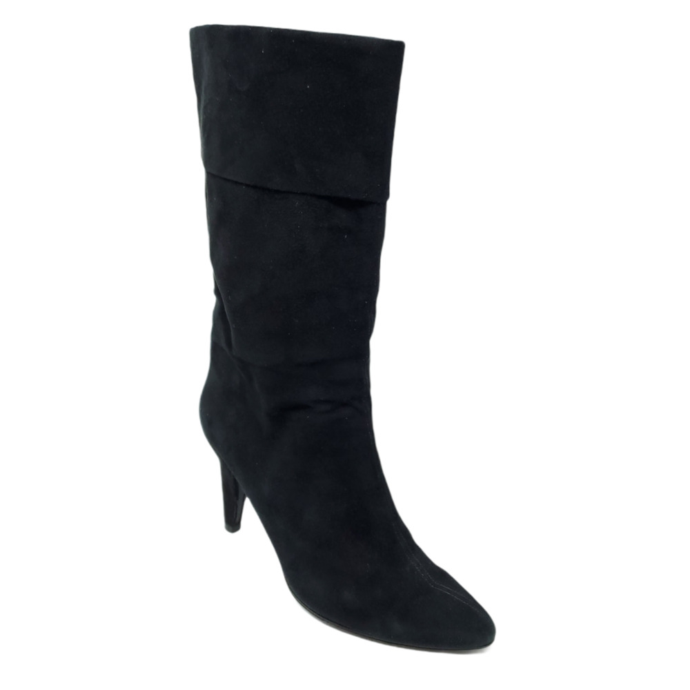 Charles Jourdan Slouchy Suede Leather Black Cone Heel Mid Calf Boots 7.5